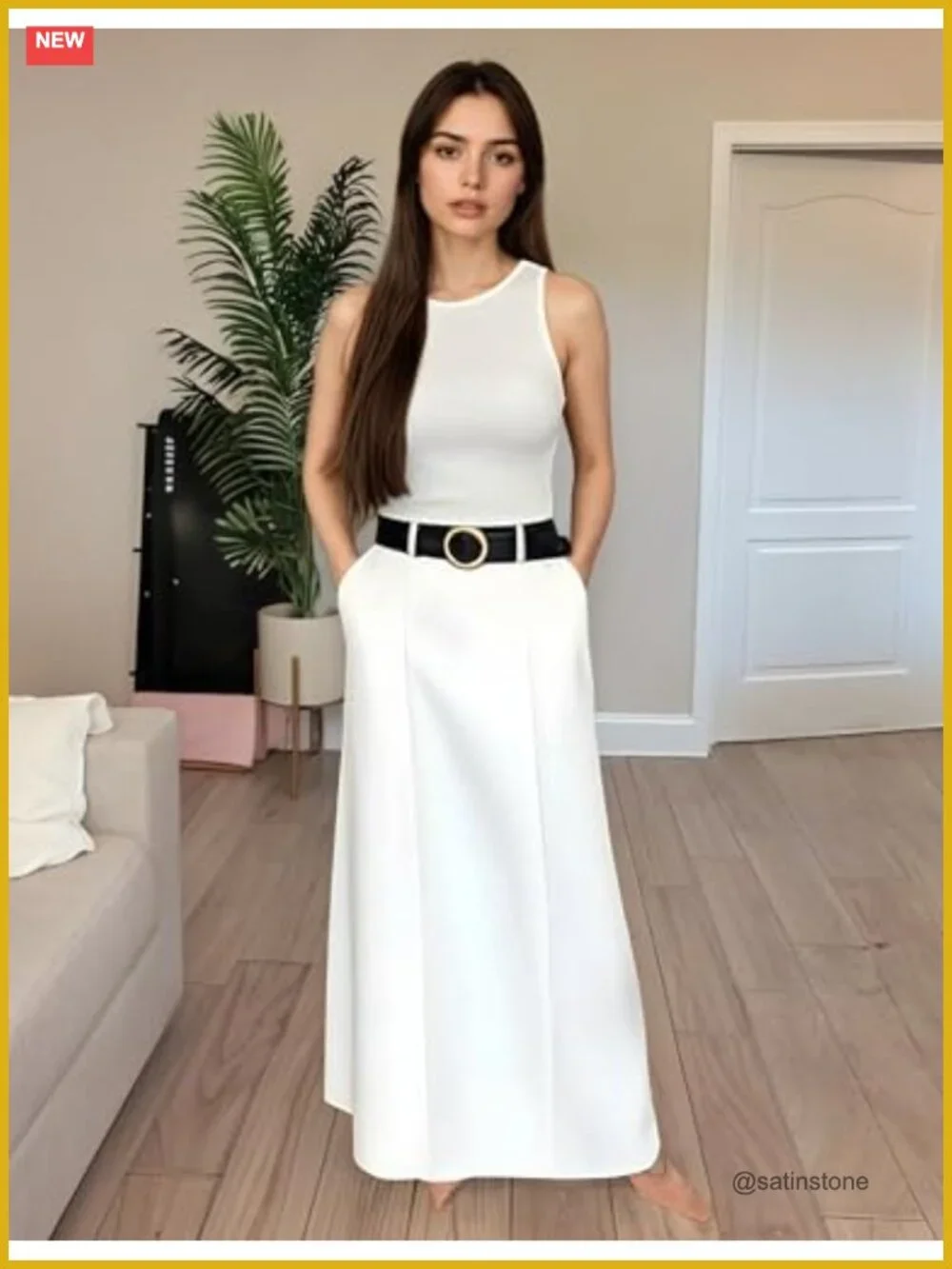 100% Polyester High Waist Maxi Skirt with Pockets H Line Floor Length